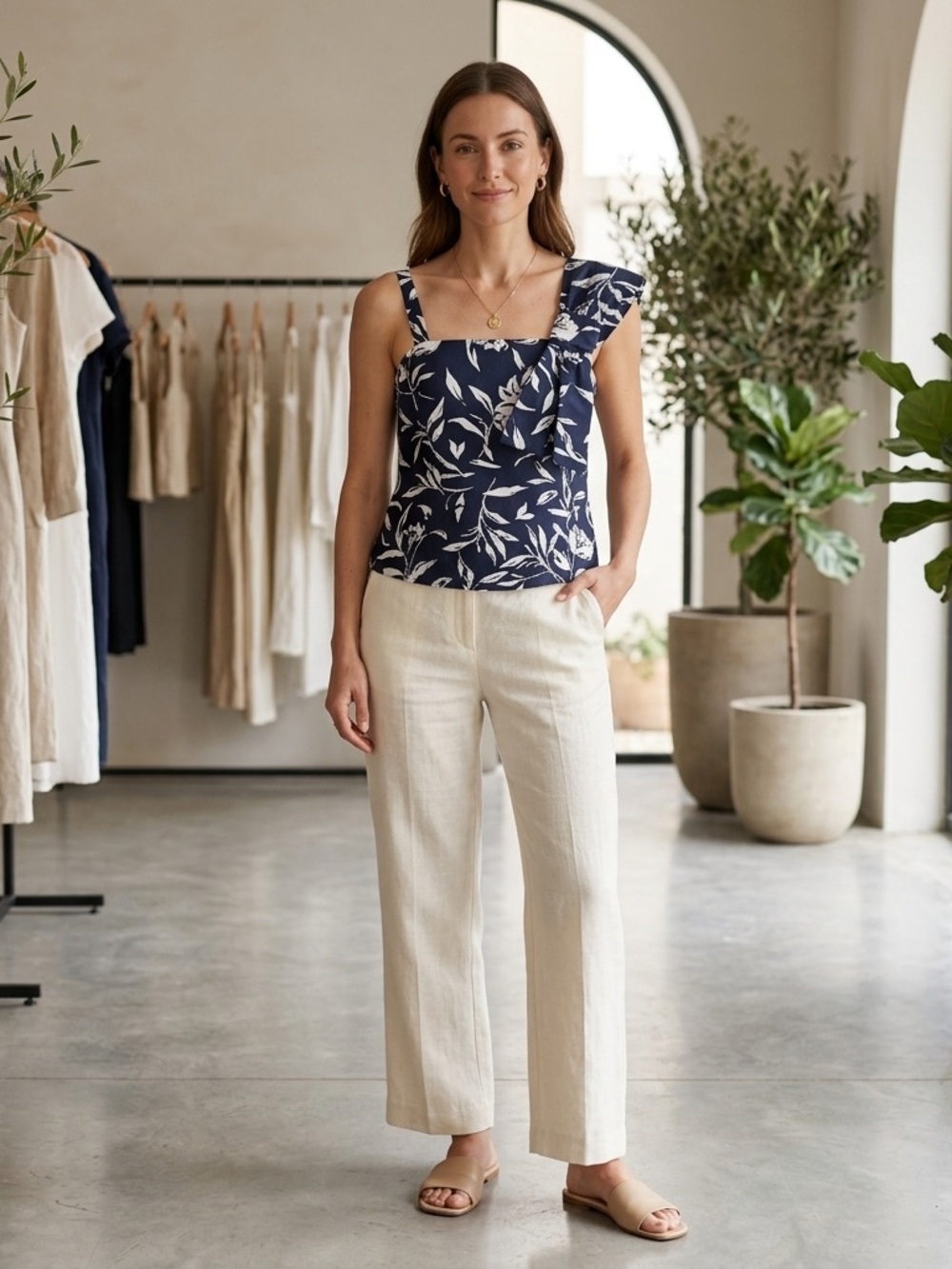 Maeve Size XS Linen Leaves Print Ruffle Strap Top Navy Anthropologie